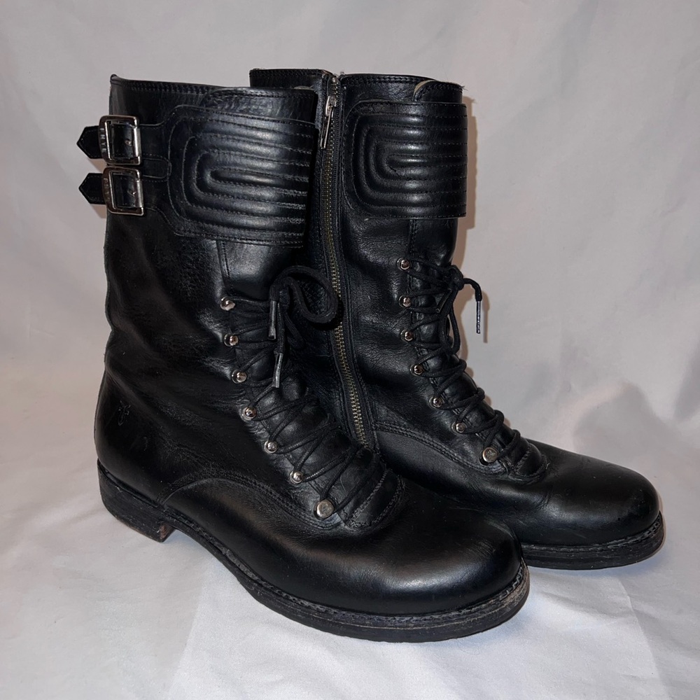 Frye Black Leather Lace Up Boots Rectangular Double Buckle Women’s Size US 11 B